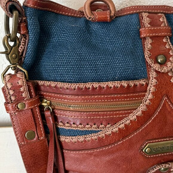 Isabella Fiore Boho Leather Canvas Satchel Brown Blue Whipstitch Crossbody - Picture 6 of 15